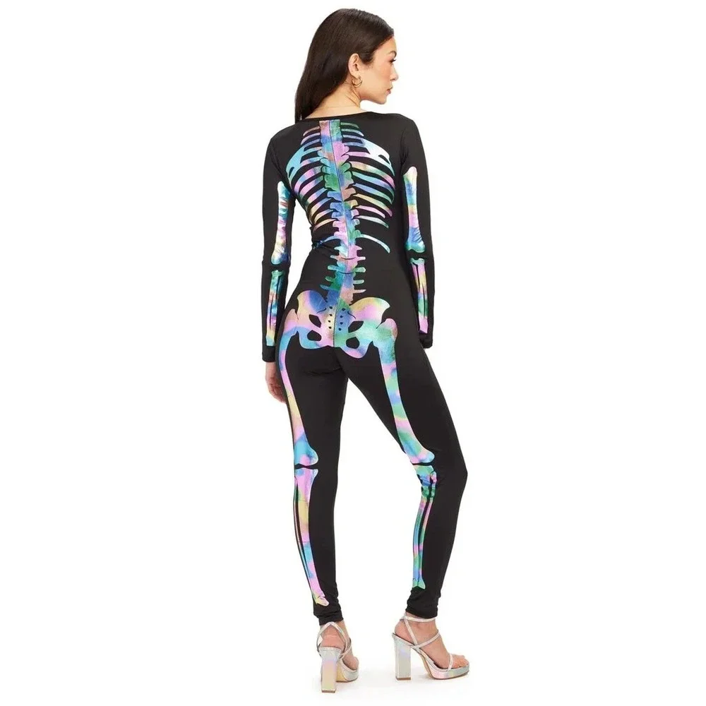 TIPSY ELVES ONE PIECE‎ ZIP UP FITTED SKELETON JUMPSUIT Women's XS IREDESCENT